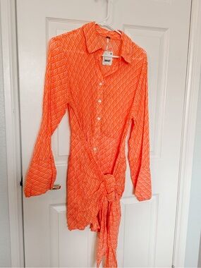 Free People Orange Textured Button-Front Long Sleeve Dress
